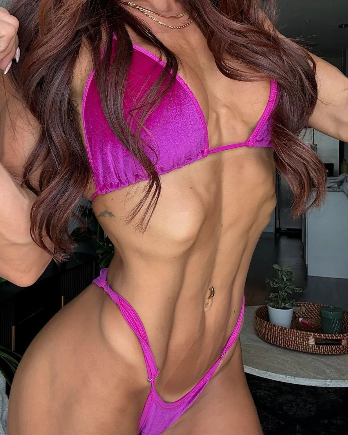 Fuchsia Velvet Posing Suit – detail view, NPC & IFBB posing suit manufactured in Clearwater, Florida by SY Competition Suits