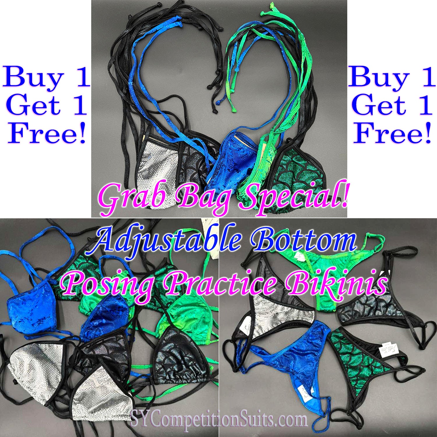 Assortment of vibrant grab bag posing suits in solid hologram fabrics with adjustable sides for NPC and IFBB competition prep.