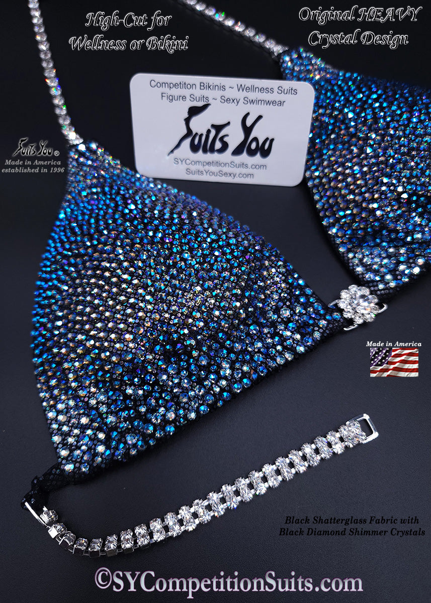 In Stock Competition Suit, Black Diamond Shimmer Crystals