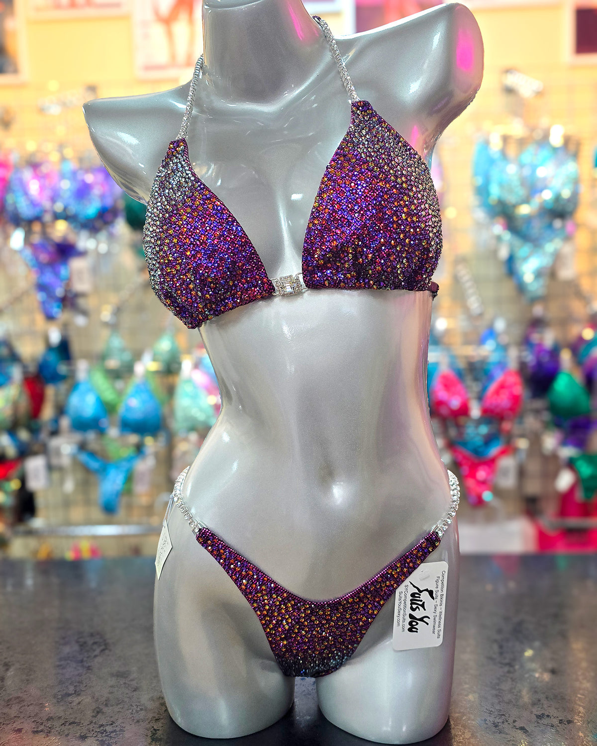In-Stock Competition Suit. Volcano Crystal Design. Exclusively Created with Swarovski® Crystals. Manufactured in Clearwater Florida USA
