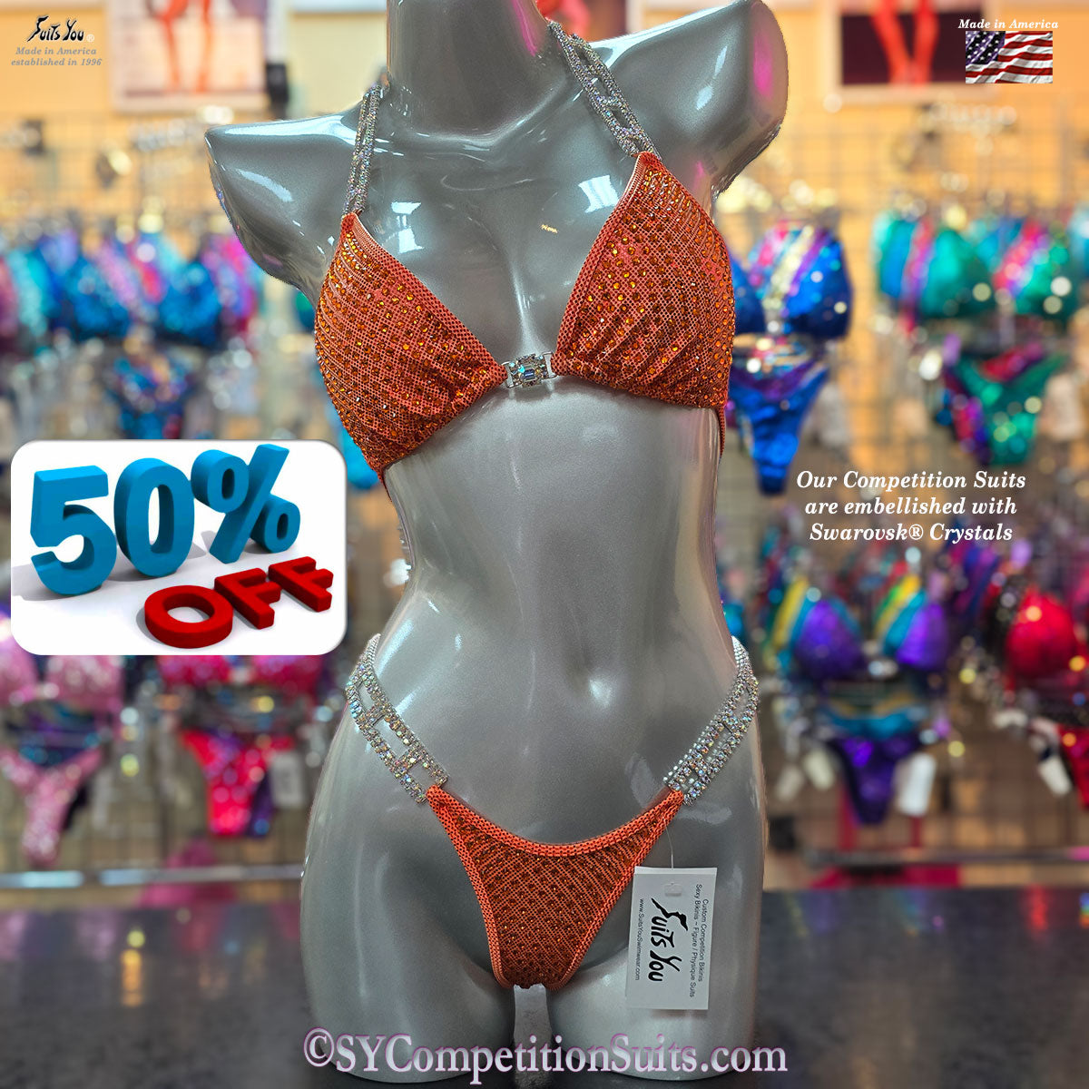 Inexpensive Competition Bikini, Orange Fabric with Sun Crystals