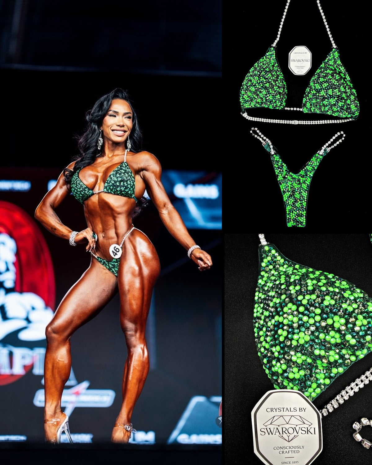Maureen Blanquisco on the 2026 Olympia stage in her green Swarovski crystal bikini, with the full suit and a crystal close-up