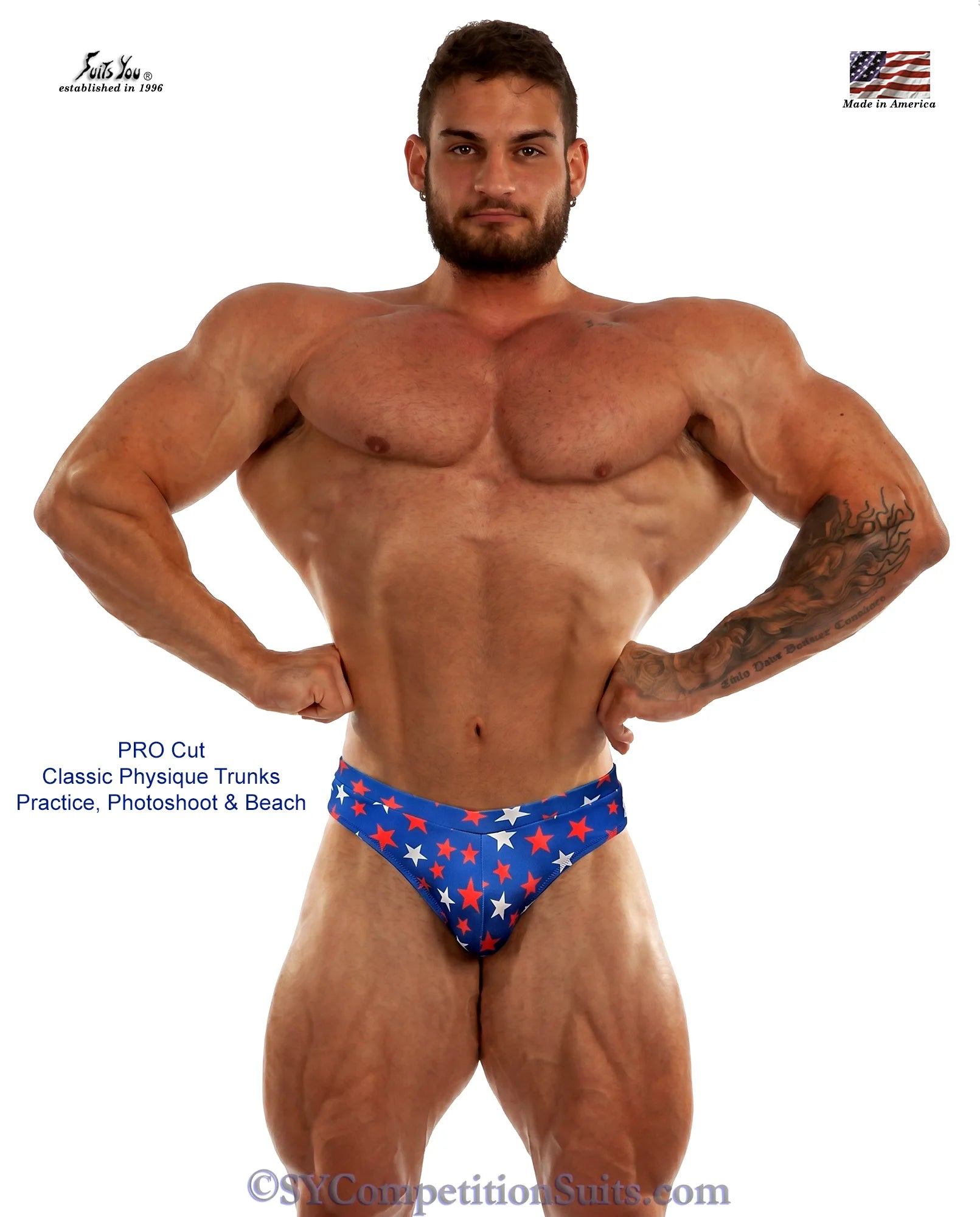 Patriotic classic physique trunks with red, white, and blue star print, PRO cut, for posing practice photoshoots beach and Fourth of July