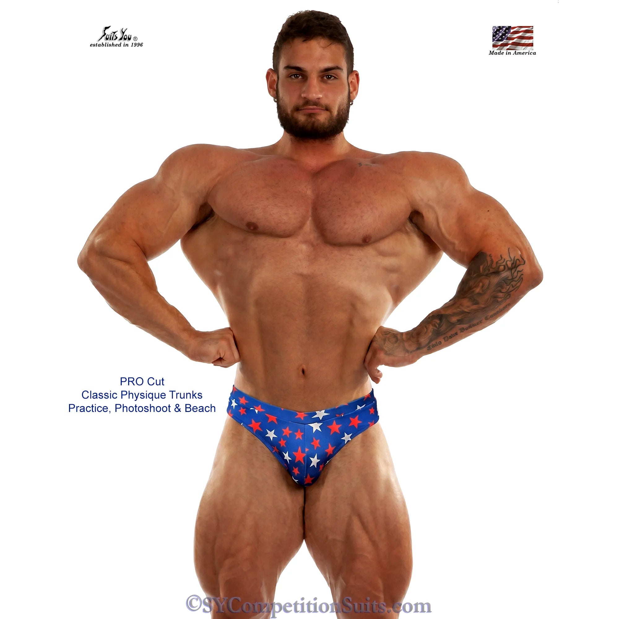 Patriotic classic physique trunks with red, white, and blue star print, PRO cut, front view.