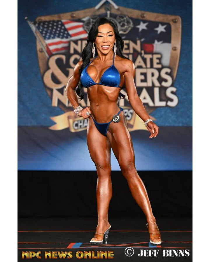 Royal Blue Fit Model Bikini, customer Cat Davis, front pose. Suits You Competition Suits.