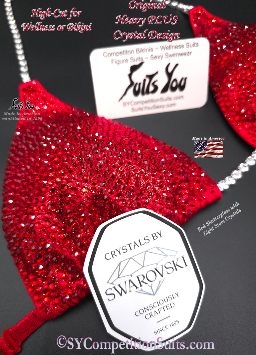 Red-on-Red Stage-Ready competition bikini crystal detail — dense Swarovski® placement on red Lycra, manufactured in Clearwater, FL