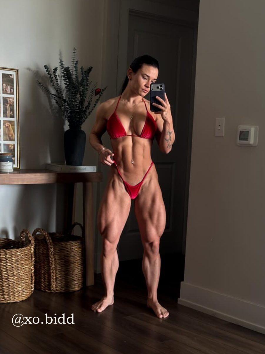 Red Velvet Posing Suit – side view, NPC & IFBB posing suit manufactured in Clearwater, Florida by SY Competition Suits