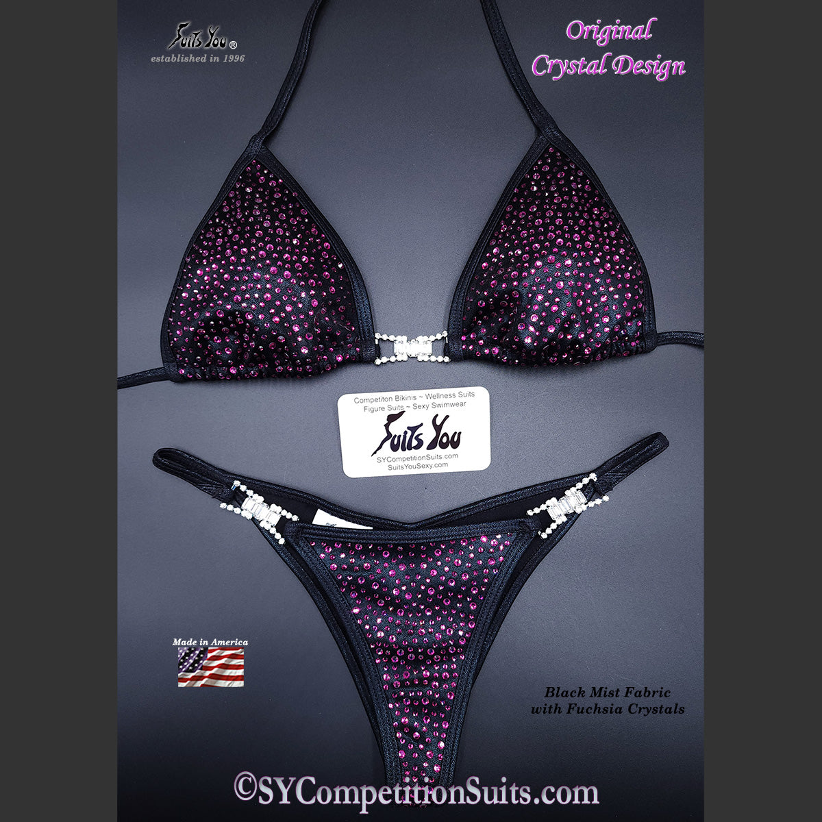 Sale Competition Bikini, Unique Black with Fucsia Crystals