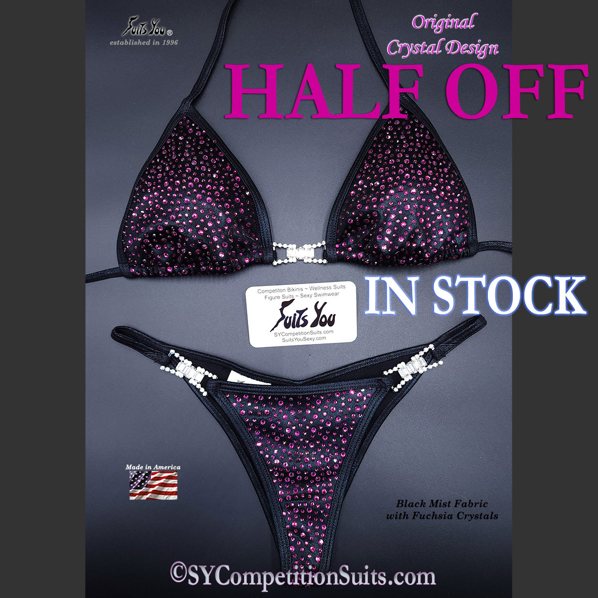 Sale Competition Bikini, Black with Fucsia Crystals