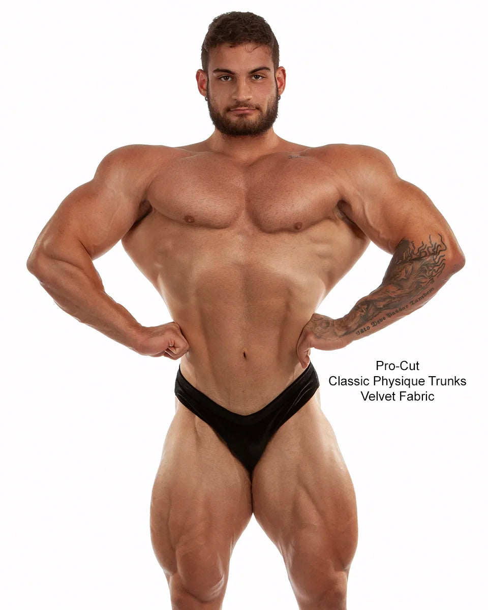 PRO Cut Classic Physique Trunks in black velvet, men's stage-legal NPC and IFBB competition trunks, narrower side seam than regular cut