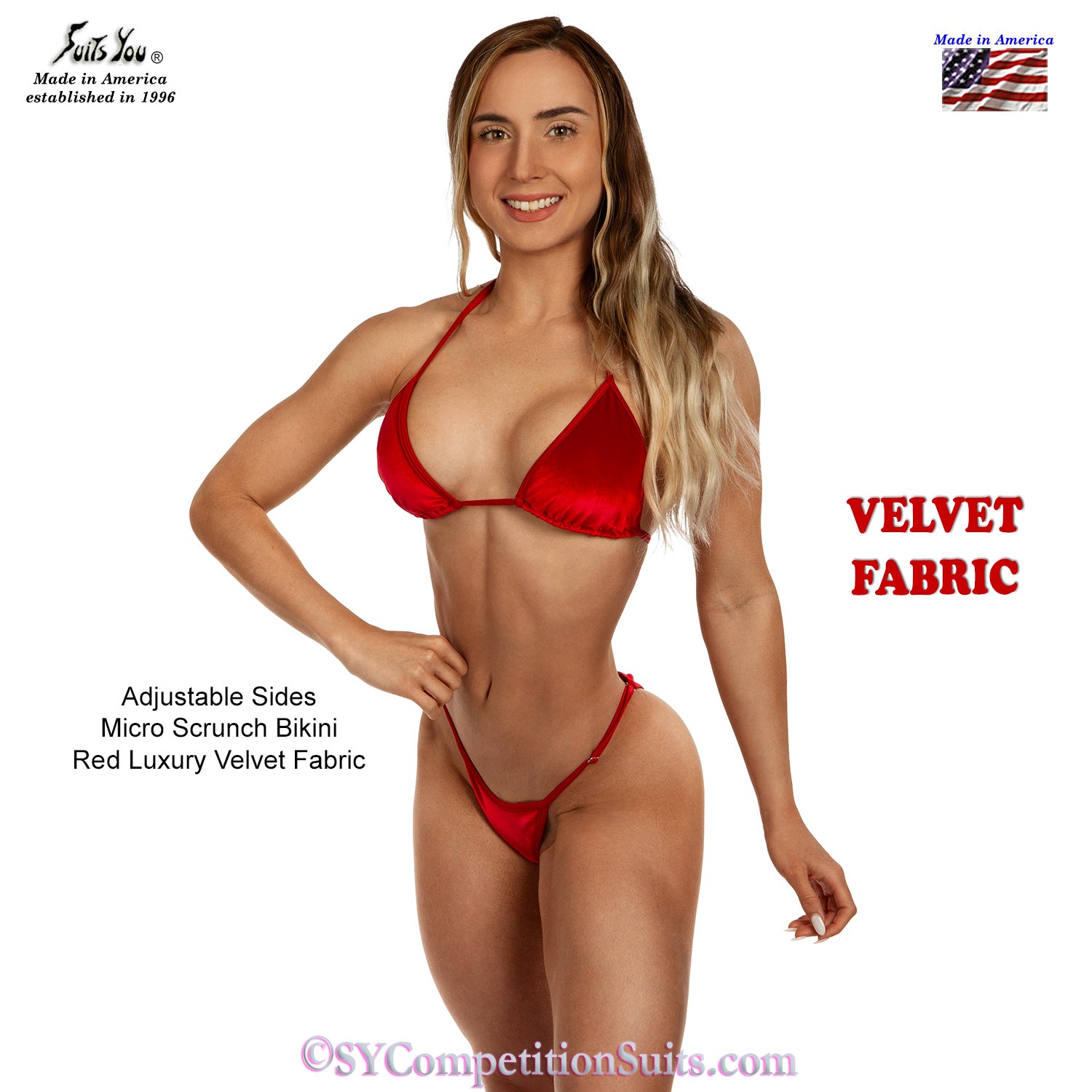 Red Velvet Posing Suit, front view. Manufactured in Clearwater FLorida USA