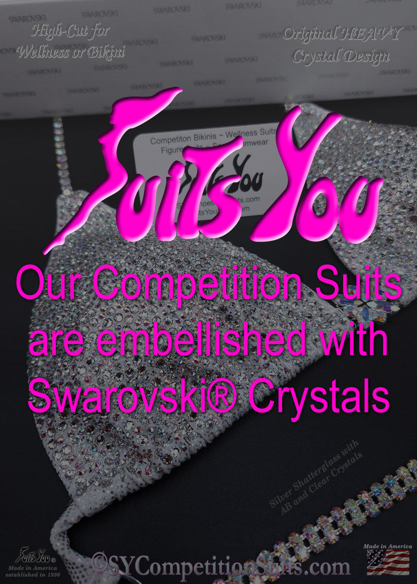 White Wellness Suit or High Cut Bikini, Original HEAVY Color Crystal, competition, bikini competition