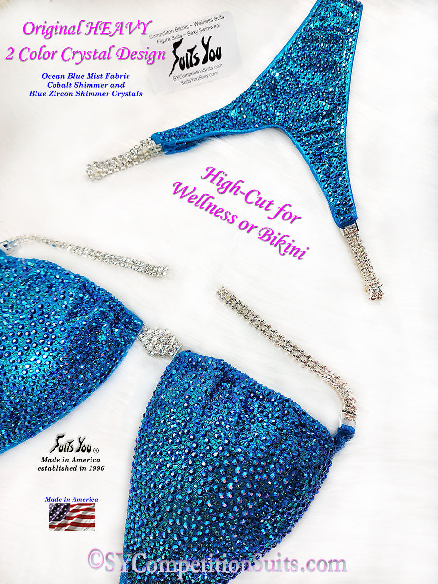 In Stock Wellness or High Cut Bikini, Original HEAVY 2 Color Crystal, Ocean Blue