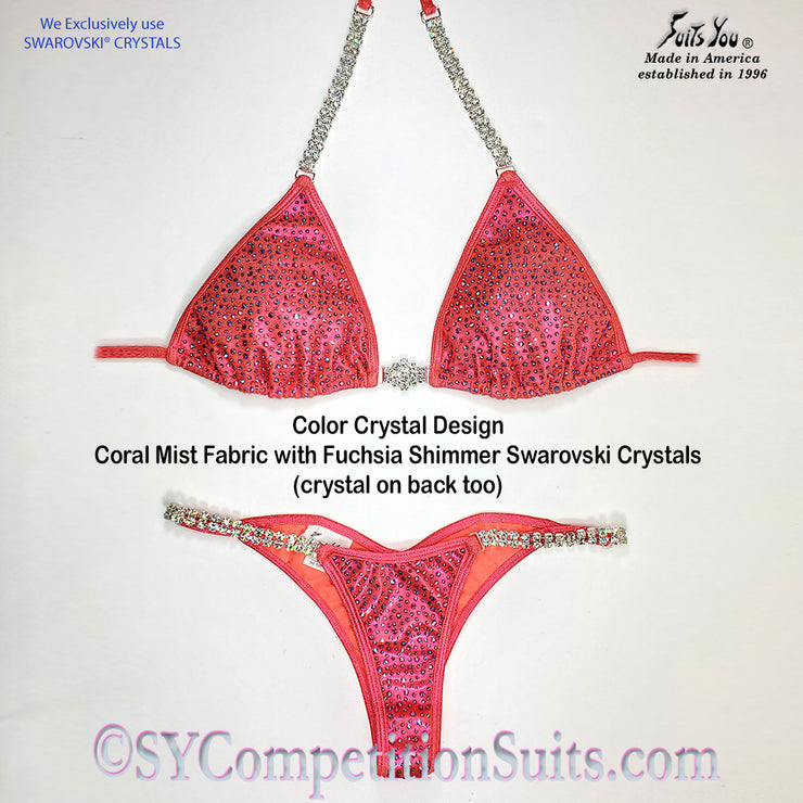 Ready to ship Crystal Competition Bikini, Coral with Fuchsia Shimmer Crystals