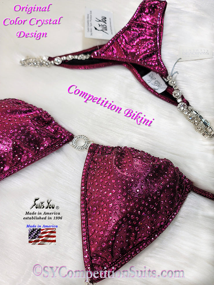 Ready to ship Crystal Competition Bikini, Cranberry with Fuchsia Crystals