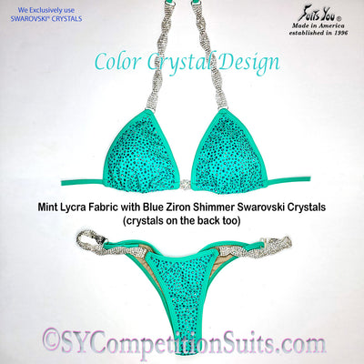 Ready to ship Crystal Competition Bikini, Mint with Blue Zircon Shimmer Crystals