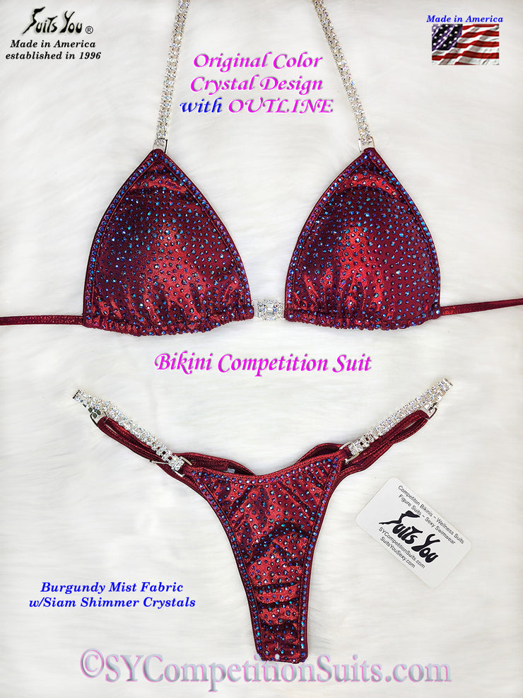 In-Stock Crystal Competition Bikini, Burgundy Fabric