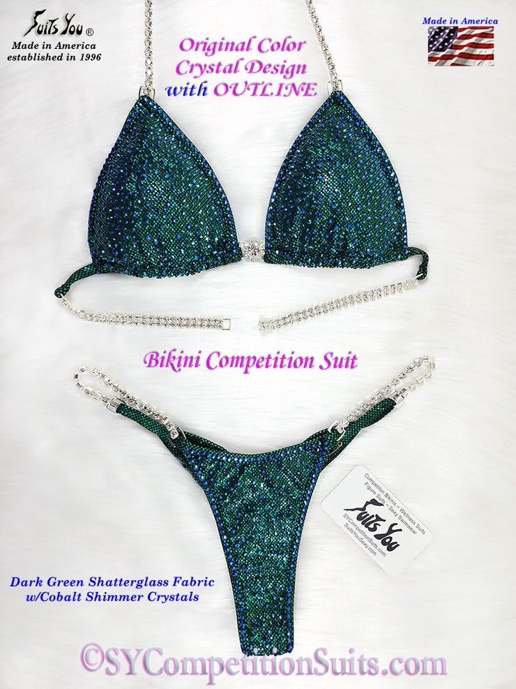 In-Stock Competition Suit, Green with Cobalt Crystals