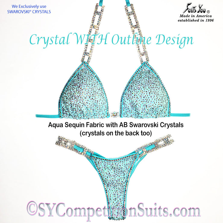 Ready to ship Crystal Competition Bikini, Crystal WITH Outline, Aqua