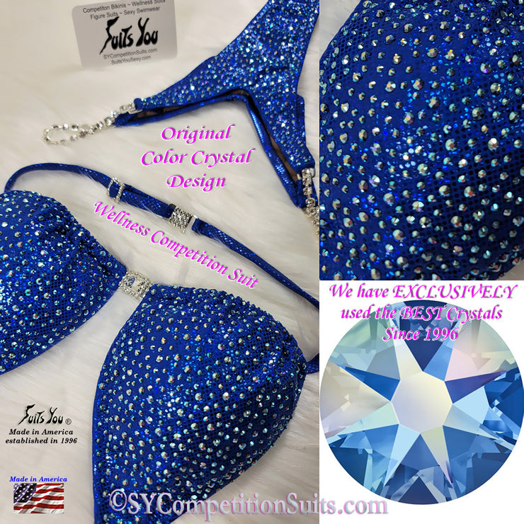 In Stock Wellness Bikini, Original Color Crystal Design, Blue with Sapphire