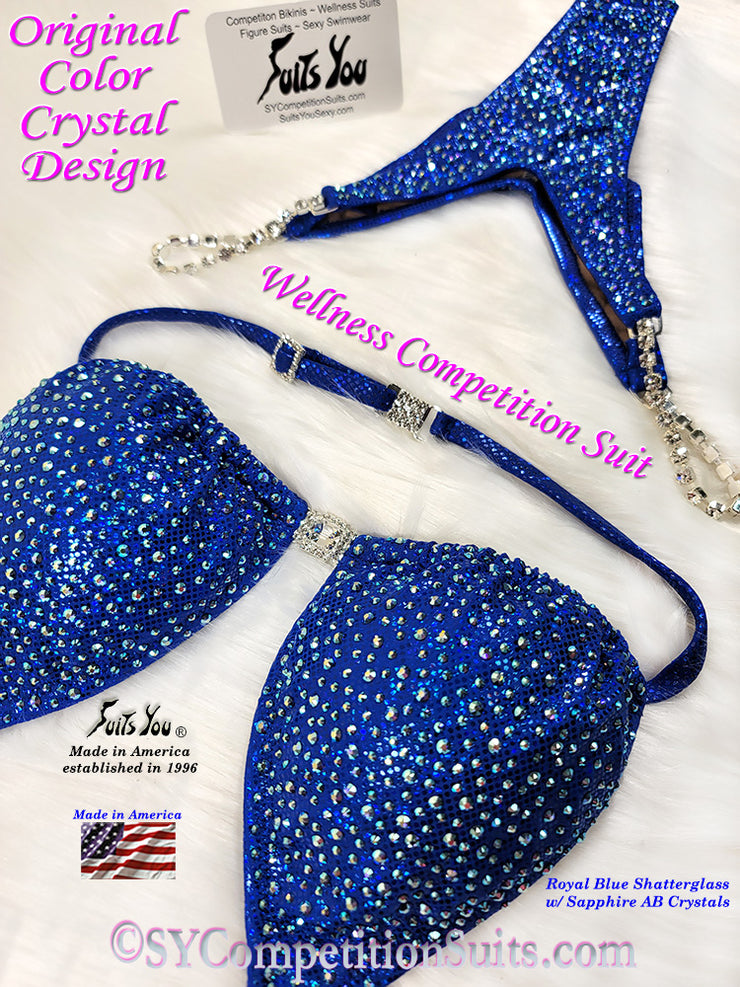 In Stock Wellness Bikini, Original Color Crystal Design, Royal Blue with Sapphire AB Crystals