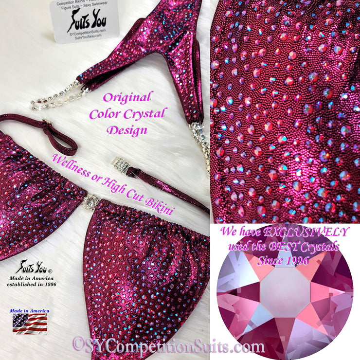 In Stock Wellness Bikini, Original Color Crystal Design, Cranberry Fabric with Light Siam Shimmer Crystals