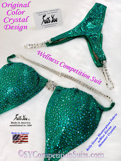 In Stock Wellness Bikini, Original Color Crystal Design, Kelly Green with Blue Zircon Shimmer Crystals