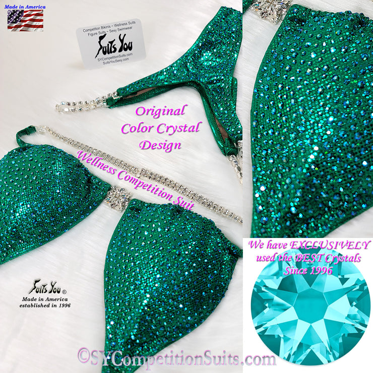 In Stock Wellness Suit, Original Color Crystal Design, Kelly Green with Blue Zircon Shimmer Crystals