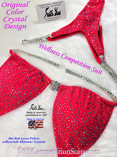In Stock Wellness Bikini, Original Color Crystal Design, Hot Red