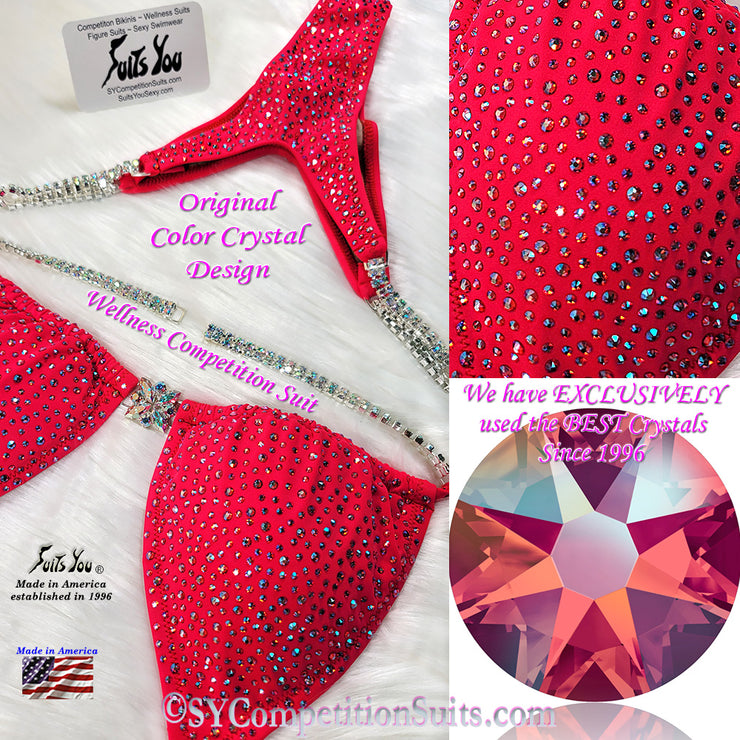 In Stock Wellness Bikini, Original Color Crystal Design, Hot Red with Hyacinth Shimmer Crystals