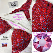 In Stock Wellness Suit, Unique Red Shatterglass Fabric with Light Siam Shimmer Crystals