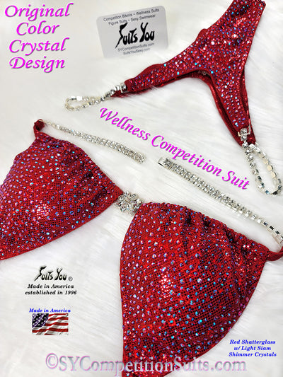 In Stock Wellness Bikini, Unique Red Shatterglass Fabric with Light Siam Shimmer Crystals
