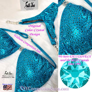 Wellness Competition Suit, Dark Turquoise with Blue Zircon Shimmer Crystals