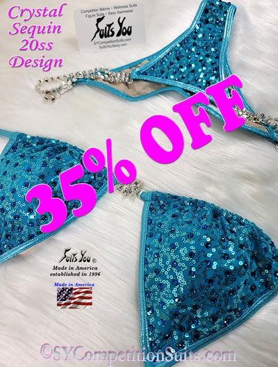 Budget-Friendly Crystal Competition Bikini, Turquoise Sequin